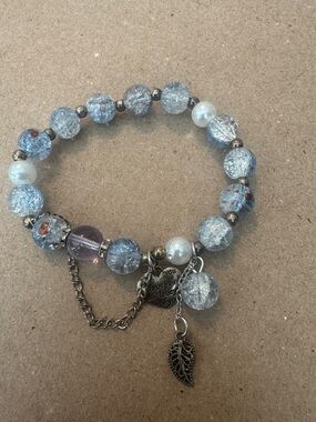Handmade Blue Crackle Glass Bead Bracelet with Charms